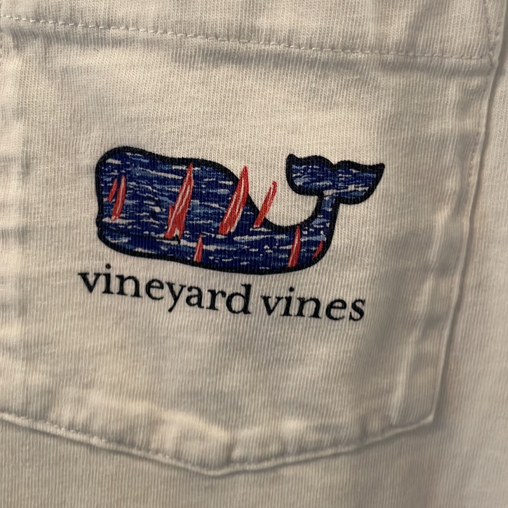 Vineyard Vines White Short Sleeve Pocket Tee with Blue & Pink Whale Logo